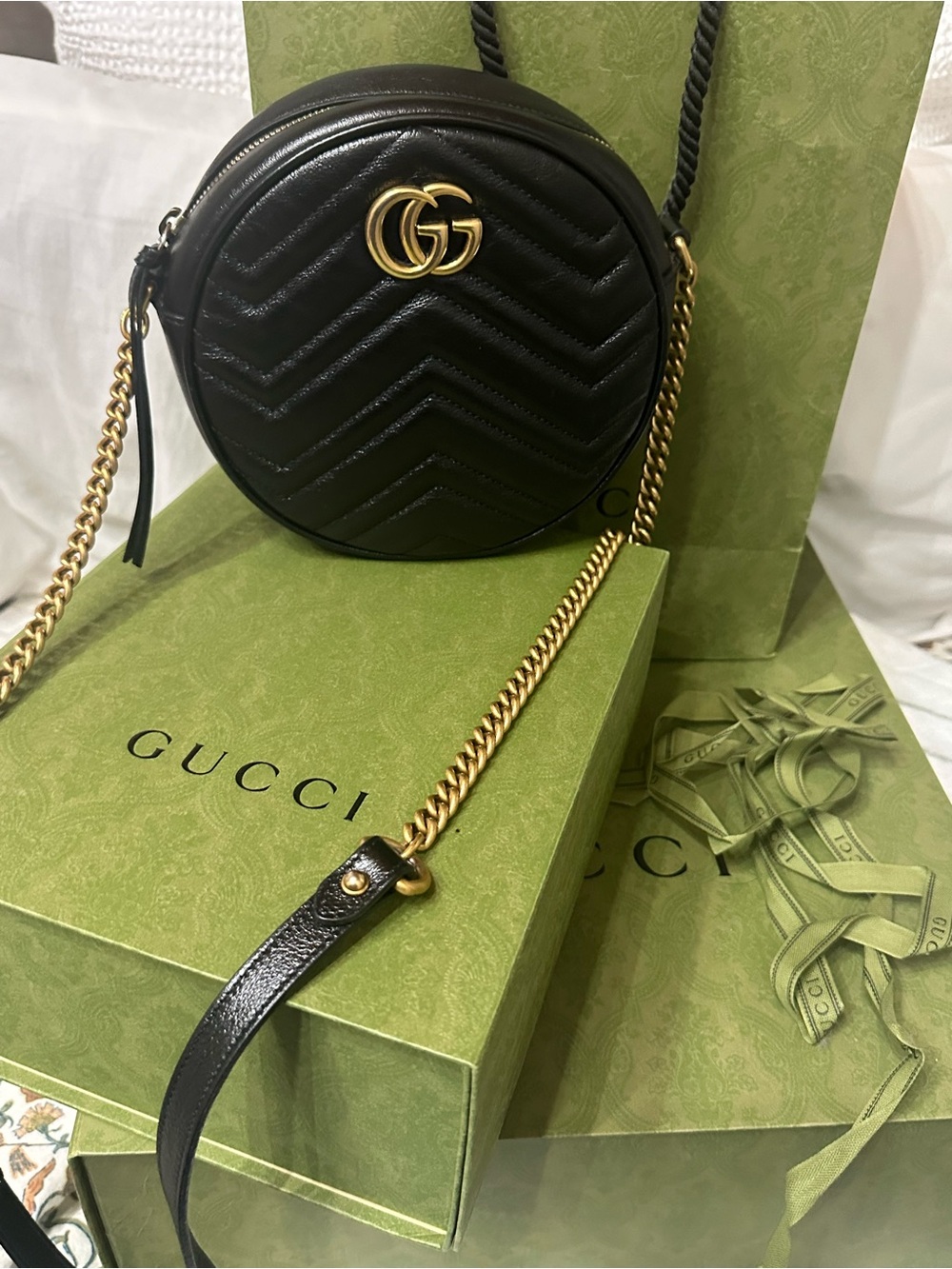Gucci Black Quilted GG Round Crossbody Bag with Gold Chain